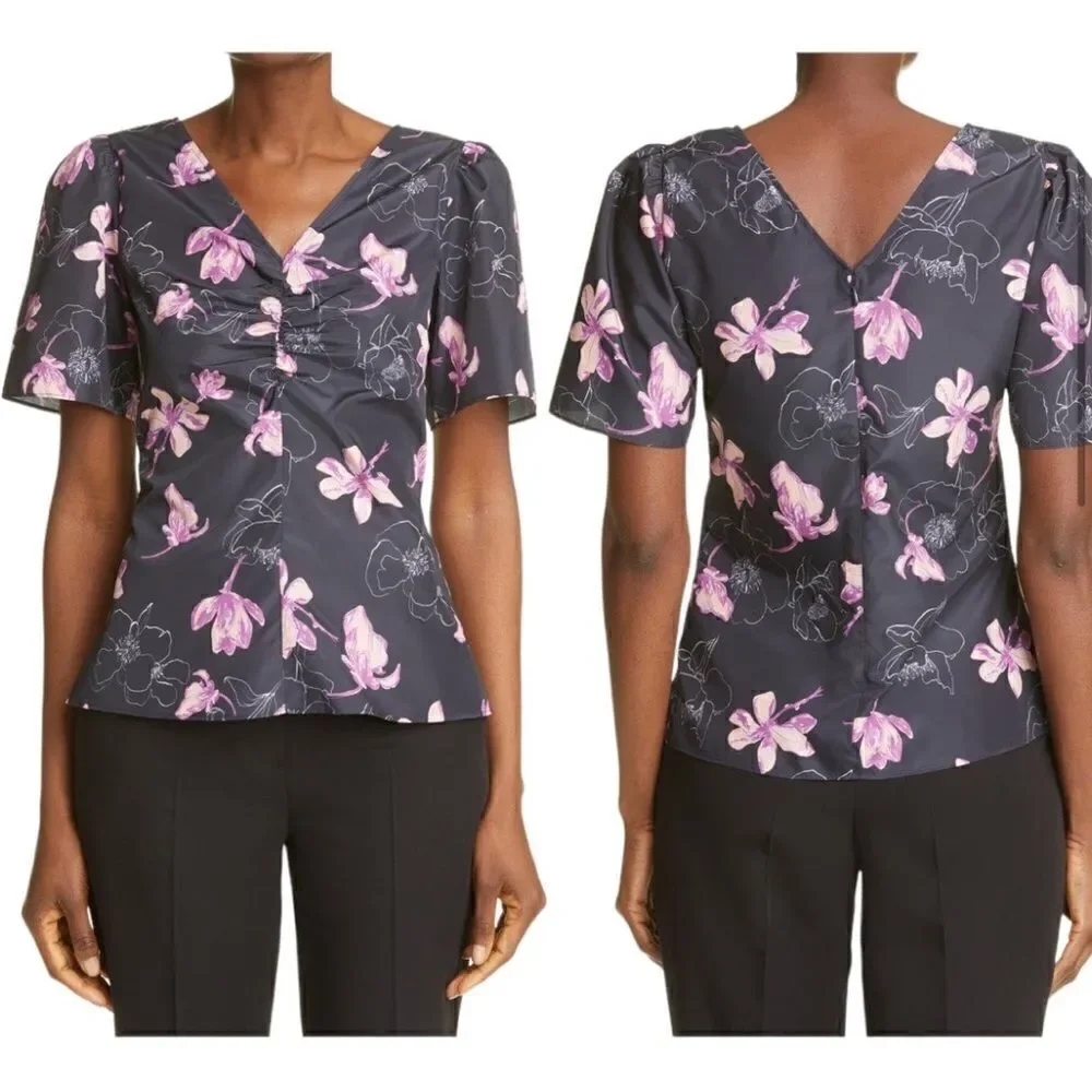 Club Monaco Ruched Floral Print Short Sleeve Blouse Top BNWT